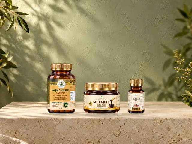 Happy Combo: 1 × Vajra Gold Tablets, 1 × Shaktiras Oil, 1 × Shilajit Resin Gold