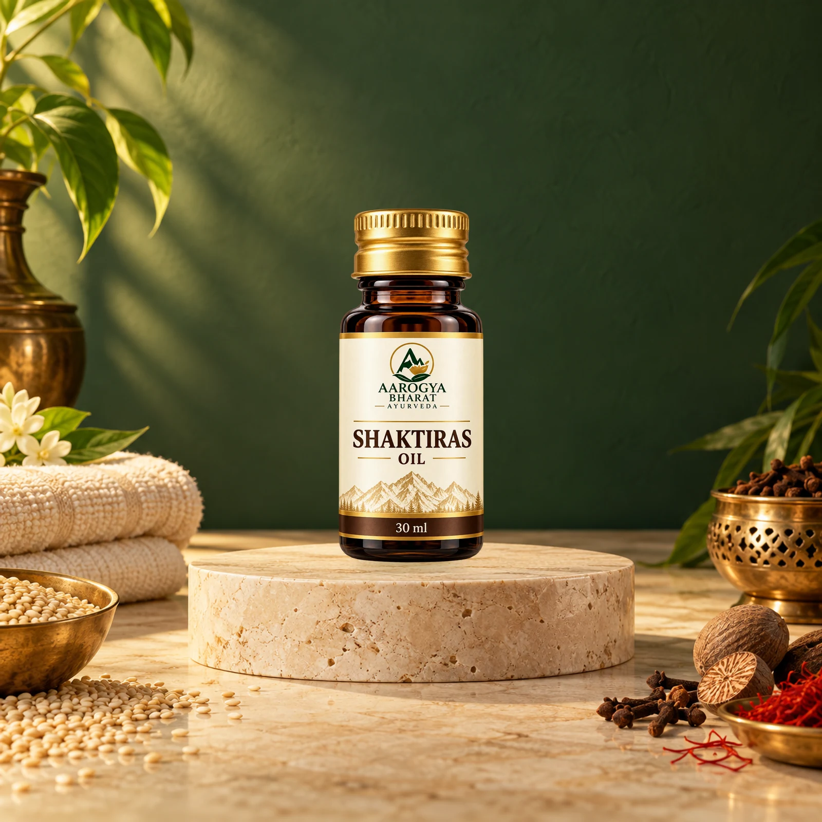 Shaktiras Oil — real 30 ml bottle staged at a realistic scale in an Ayurvedic massage setting