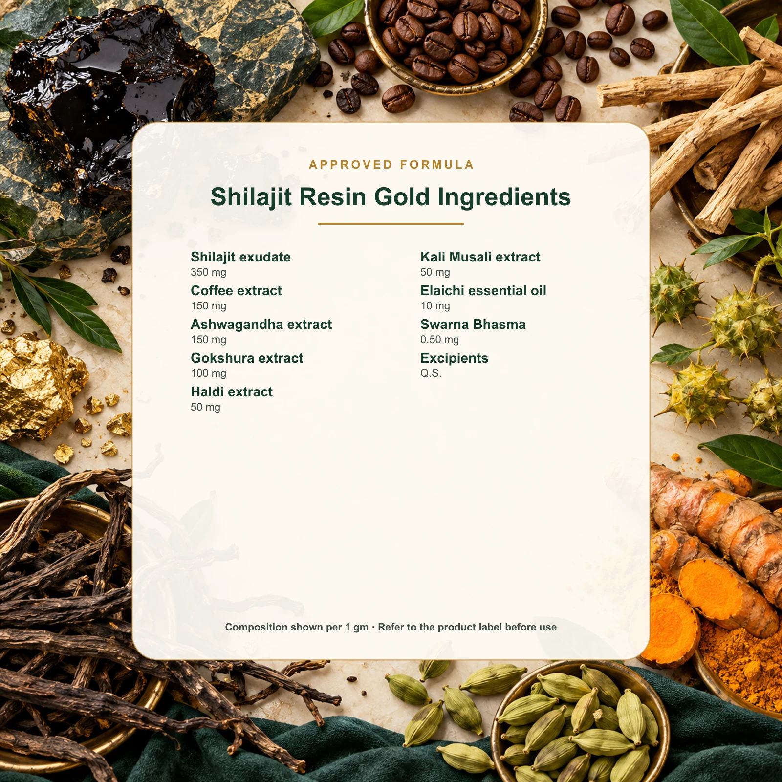 Shilajit Resin Gold — complete approved ingredient composition from the product documentation